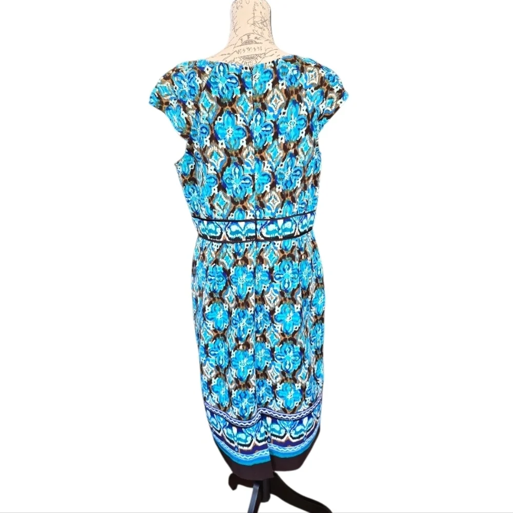 Sangria Turquoise Brown Floral Tribal Print Short Cap Sleeve Dress 12